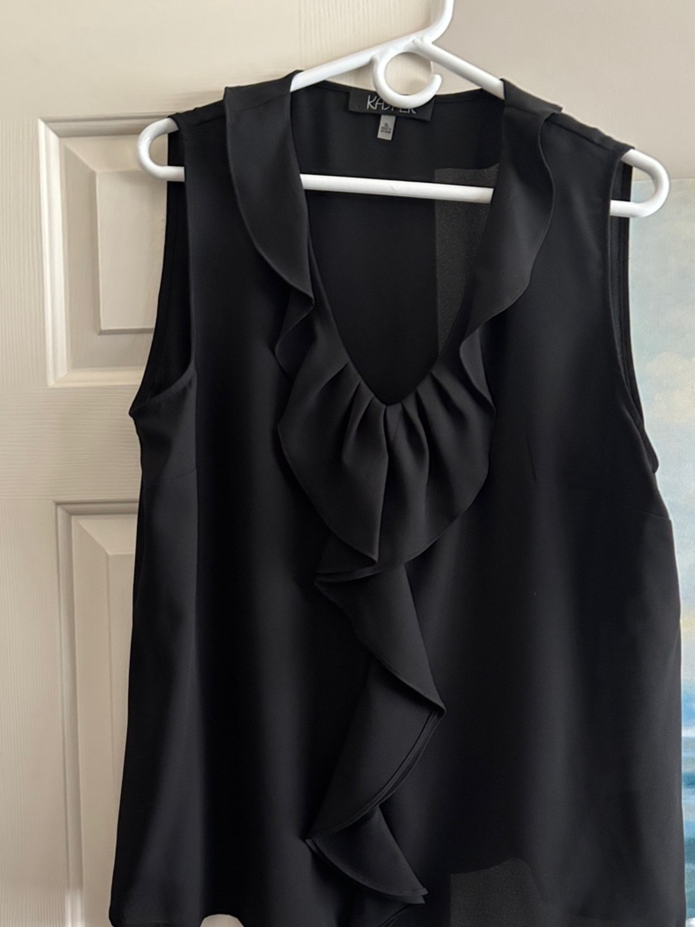 NWT Kasper Black Soft and Flowy Sleeveless Ruffle V-Neck Blouse (Women's)